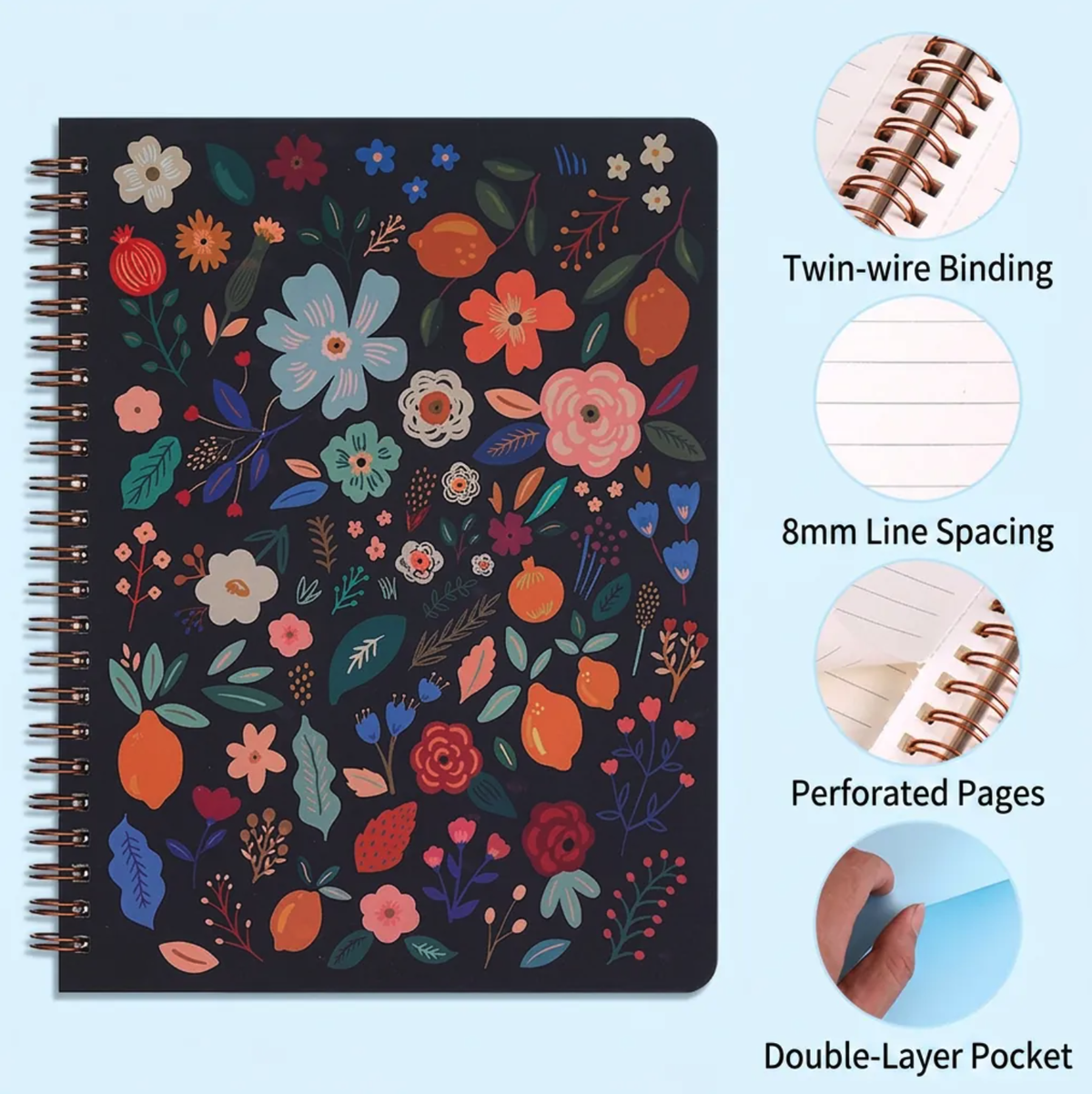 A5 Spiral Notebook - Floral Black