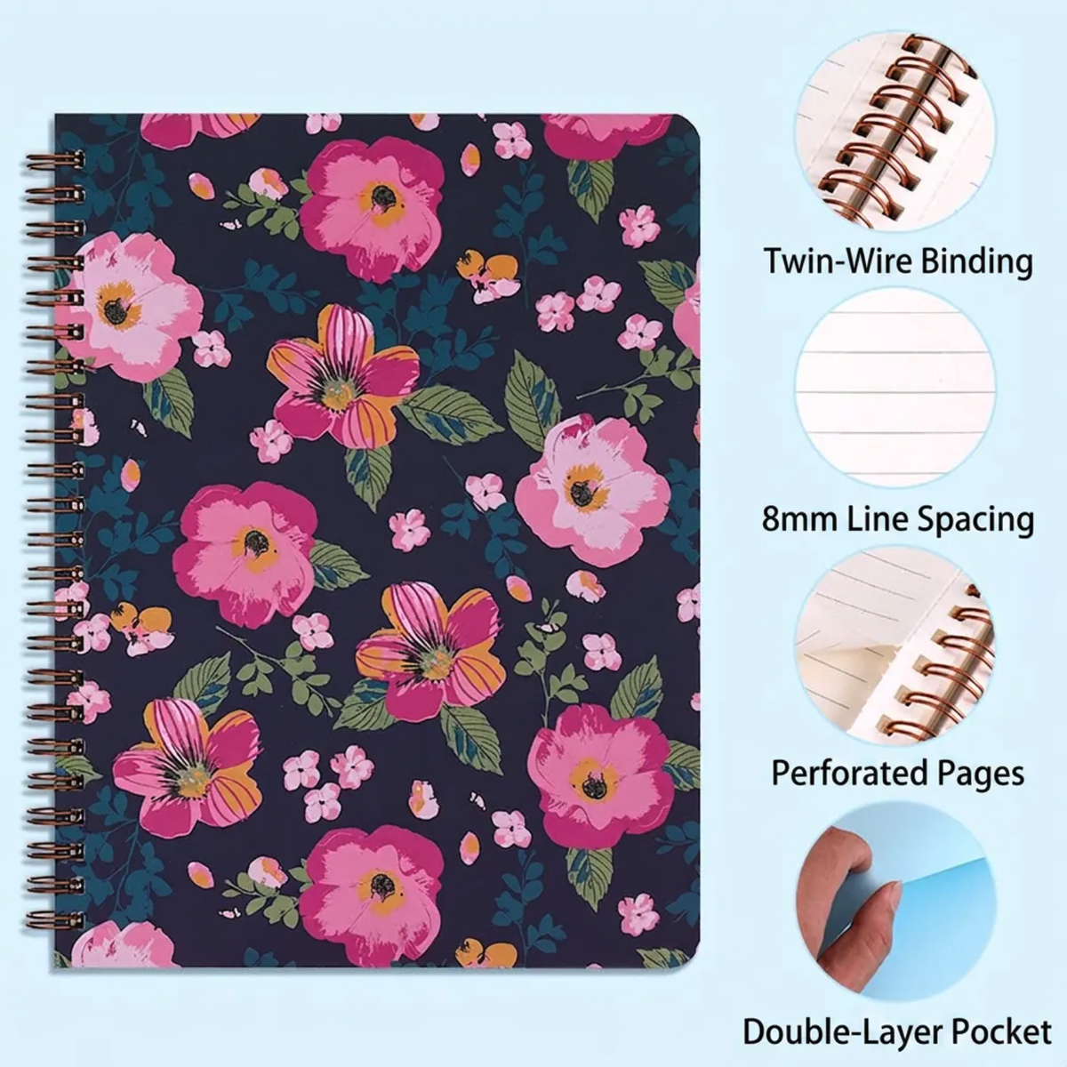 A5 Spiral Notebook - Floral Navy