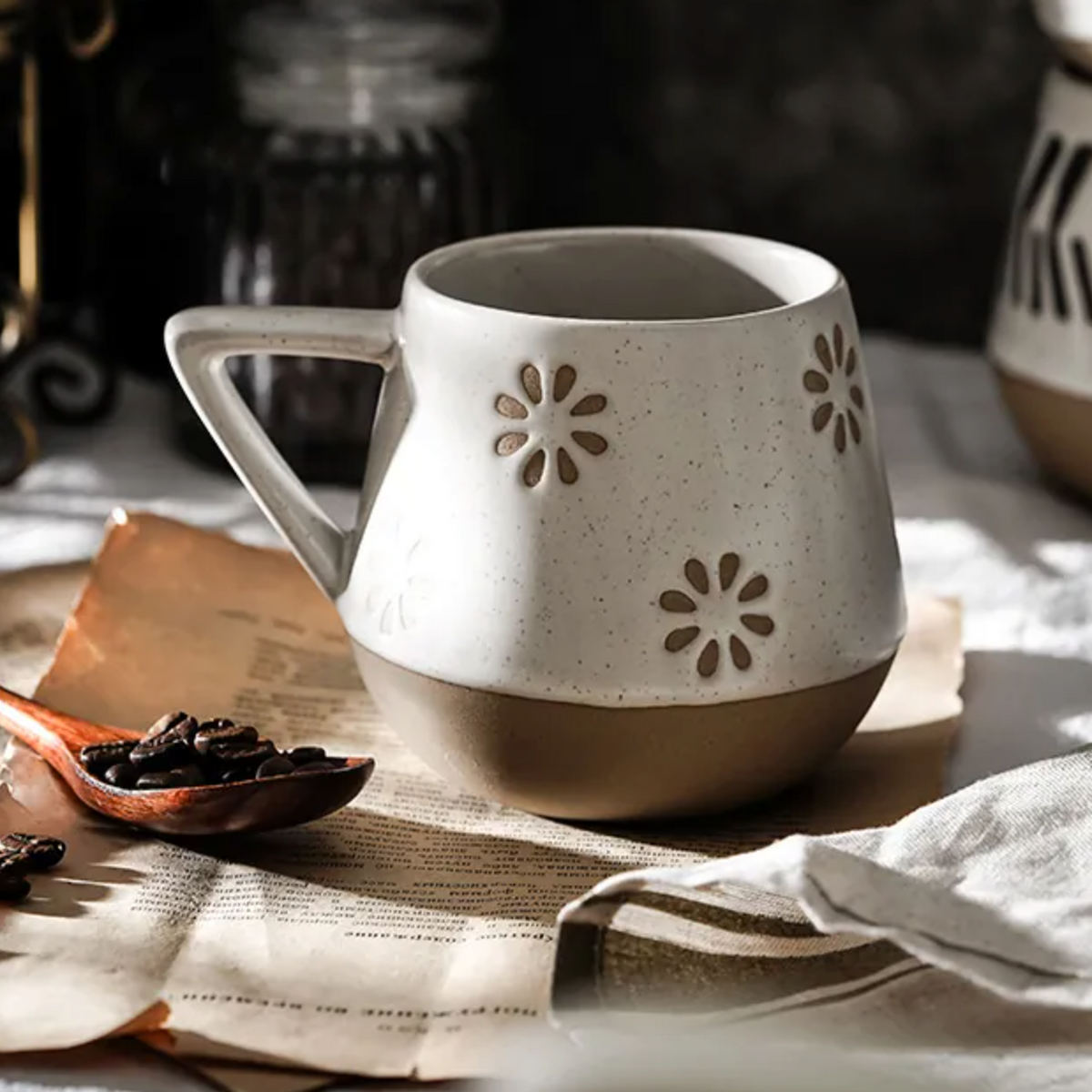 Retro Stoneware Ceramic Mug - Flowers