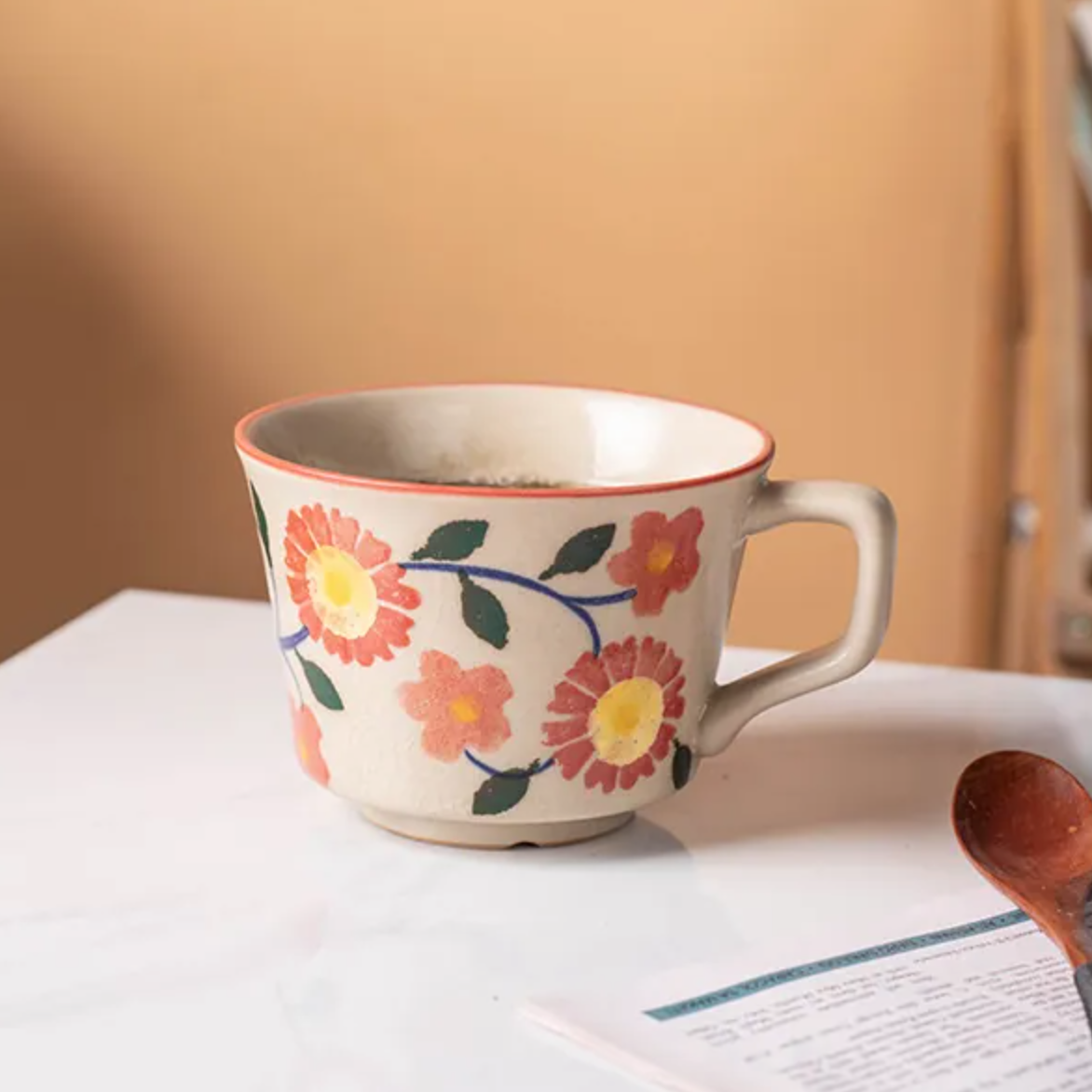 Vintage Hand-Painted Floral Ceramic Mug - Sunflower