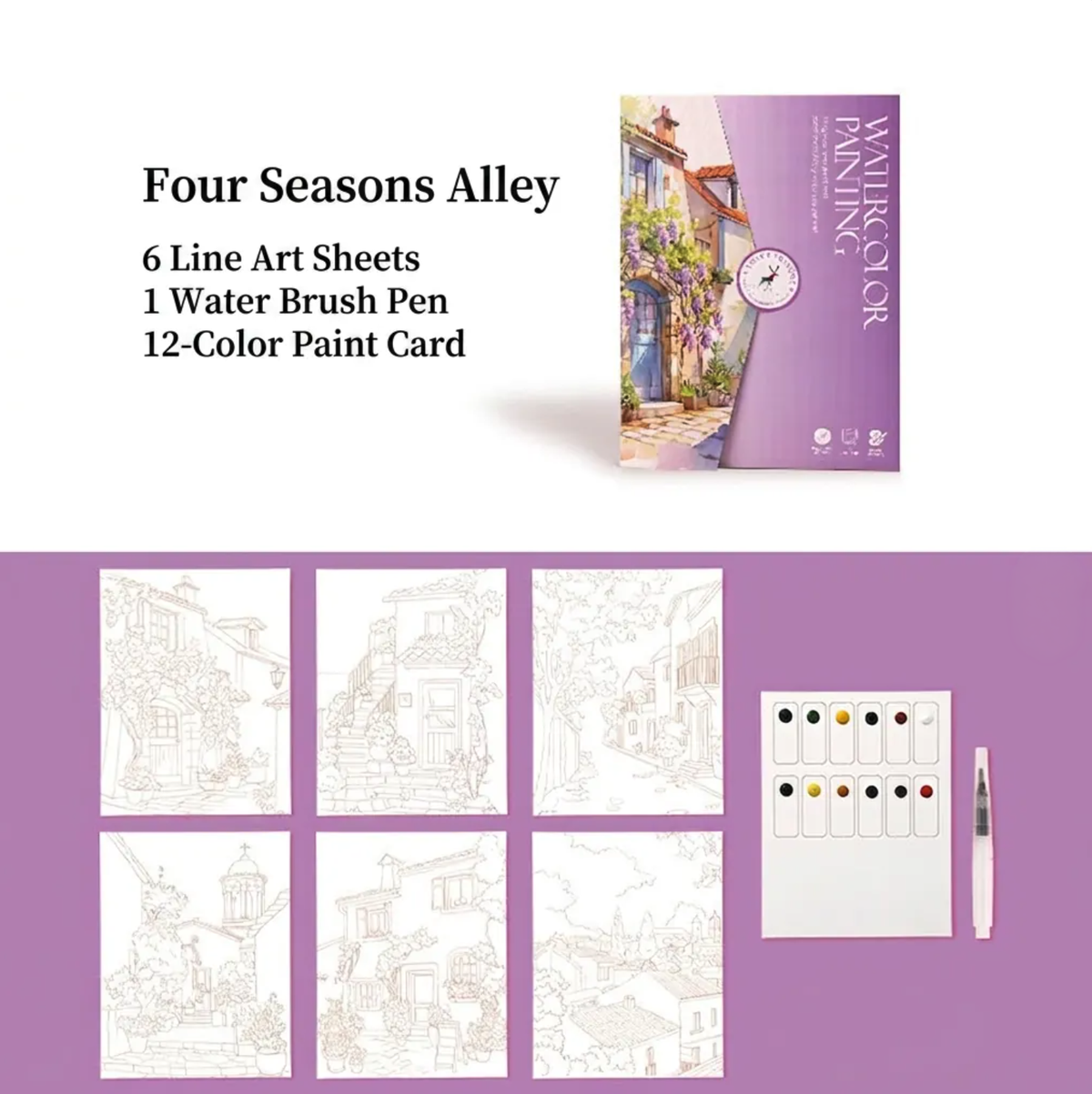 DIY watercolor painting sheet - four seasons alley